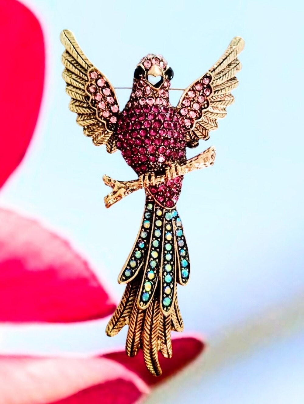 New Gold-Tone Pink blue & black sparkling Crystal Parrot Brooch